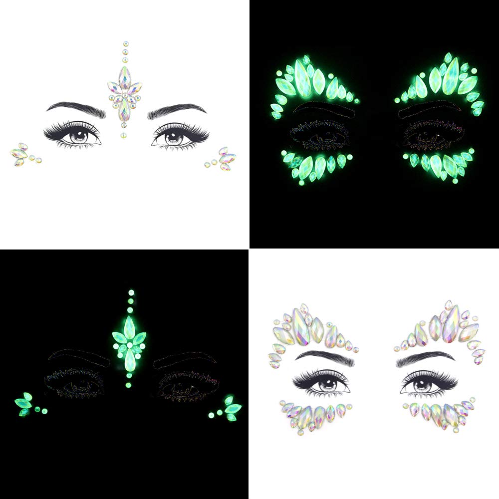 Noctilucent Face Gems Luminous makeup Temporary Tattoo Stickers Acrylic Crystal Glitter Stickers Face Jewels Rainbow Tears Rhinestone for Party, Rave Festival, Dress-up of ZLXIN(8 Pcs A Set) - Image 2