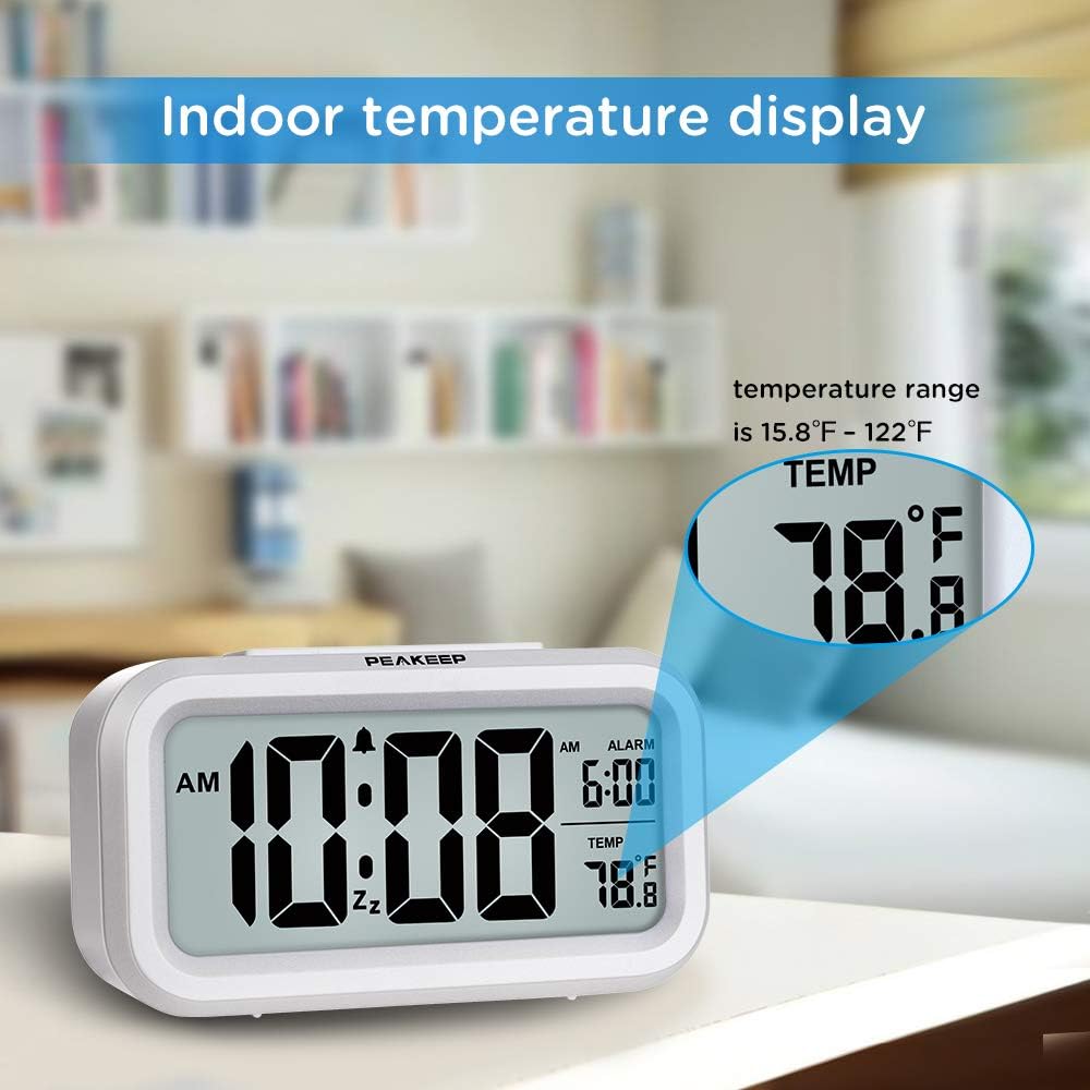Peakeep Night Light Digital Alarm Clock Battery Operated with Indoor Temperature, Desk Small Clock (White) - Image 4