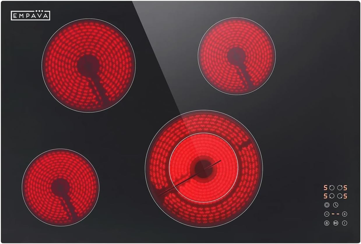 Empava Electric Cooktop, 30 inch 4 Burners, Built in Radiant Stove, Including Dual Zone Element, Ceramic Glass Smooth Surface in Black, ETL Certified, All Kinds of Cookware, 220-240V, No Plug