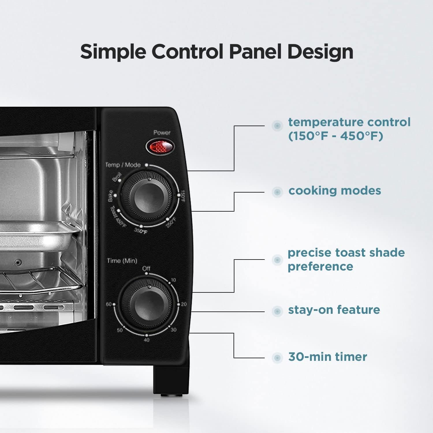 Dominion 4 Slice Small Toaster Oven Countertop, Retro Compact Design, Multi-Function with 30-Minute Timer, Bake, Broil, Toast, 1000 Watts, 2-Rack Capacity, Black - Image 3