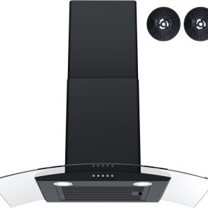 FIREGAS Wall Mount Range Hood 30 inch with 3 Speed Fan,black range hood with tempered glass,400CFM,Push Button Controls, LED Lighting, Permanent Filters in Stainless Steel,includes 2 Charcoal Filters