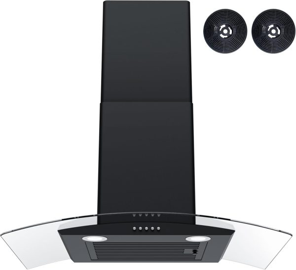 FIREGAS Wall Mount Range Hood 30 inch with 3 Speed Fan,black range hood with tempered glass,400CFM,Push Button Controls, LED Lighting, Permanent Filters in Stainless Steel,includes 2 Charcoal Filters