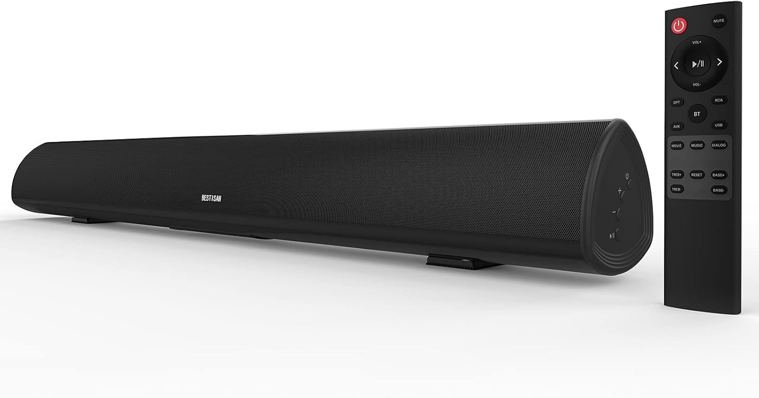Sound Bar, Bestisan 80W Home Theater Soundbar System with HDMI-ARC Function, Wired and Wireless Bluetooth 5.0 Audio Speaker (Treble/Bass Adjustable,34-Inch, Wall mountable)