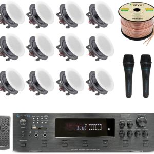 Home Theater Sound System Kit -6 Ch 6000 W Bluetooth Amplifier w/ 12 Qty of 6.5" Frameless in-Wall in-Ceiling Speakers 200 W Each, 2 Qty of Wired Mic, 500 ft Speaker Wire & Remote by Technical Pro