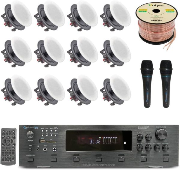 Home Theater Sound System Kit -6 Ch 6000 W Bluetooth Amplifier w/ 12 Qty of 6.5" Frameless in-Wall in-Ceiling Speakers 200 W Each, 2 Qty of Wired Mic, 500 ft Speaker Wire & Remote by Technical Pro