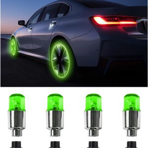 Ziciner 4PCS LED Tire Valve Cap Lights, Neon Spoke Flash Light Bulb Tire Valve Lights with 12 Extra Battery, Waterproof Wheel Tyre Valve Stems Dust Cap, Motorcycle Car Accessories (Green)