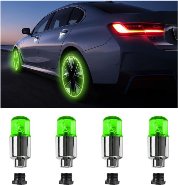 Ziciner 4PCS LED Tire Valve Cap Lights, Neon Spoke Flash Light Bulb Tire Valve Lights with 12 Extra Battery, Waterproof Wheel Tyre Valve Stems Dust Cap, Motorcycle Car Accessories (Green)