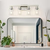 Bathroom Vanity Light, 4-Light Nickel Modern Matte Wall Sconce Lighting with Clear Glass Shade, Wall Lights,Bath Vintage Wall Mounted Lamps for Mirror Bedroom Living Room - Image 2