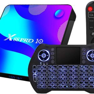Android TV Box 11, RK3318 USB 3.0 Ultra HD 4K HDR 4GB RAM 64GB ROM 2.4G 5.8G Dual Band WiFi with BT 4.1 WiFi 100M Ethernet with Backlit Mini Keyboard Set Top TV Box