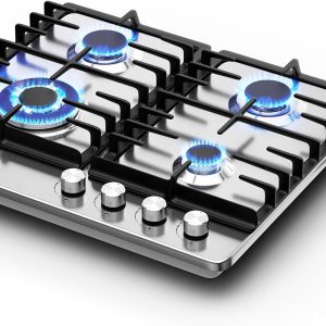 24 Inch Gas Cooktop, 4 Burner Gas Stove Top 27,400 BTU, NG/LPG Convertible, Stainless Steel gas Stovetop with Thermocouple Protection,120V AC