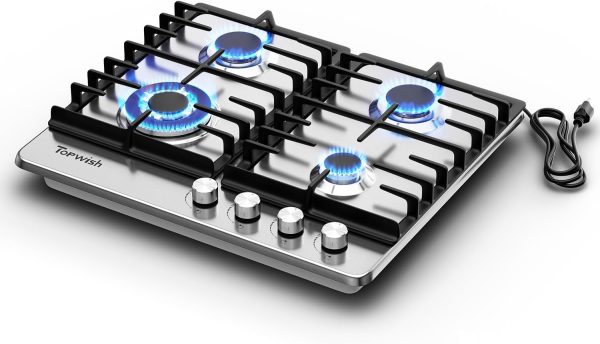 24 Inch Gas Cooktop, 4 Burner Gas Stove Top 27,400 BTU, NG/LPG Convertible, Stainless Steel gas Stovetop with Thermocouple Protection,120V AC
