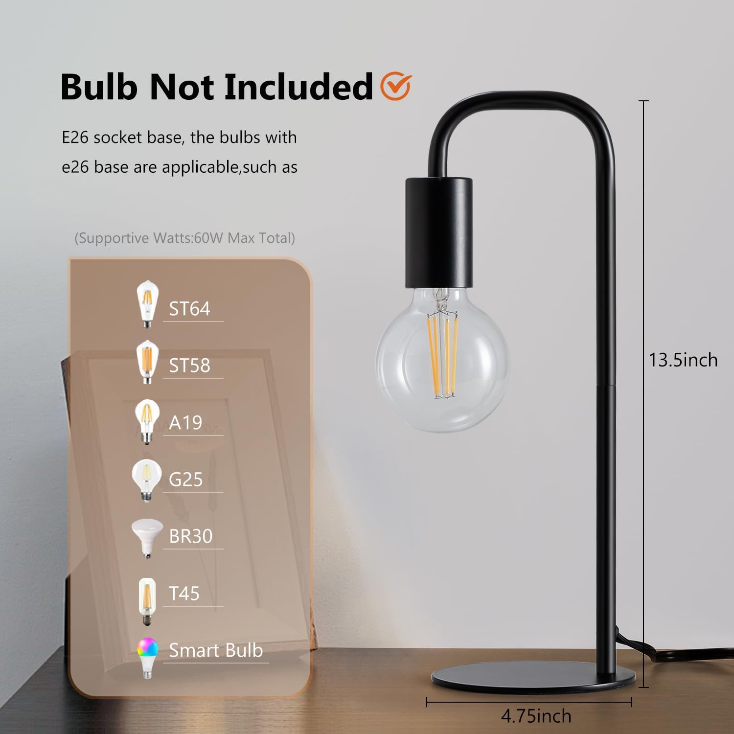 Industrial Table Lamp for Bedroom, Bed Side Table Lamps for Nightstand with Wire Switch, E26 Socket Base, Modern Nightstand Lamp for Living Room, Reading, Office, Bulb Not Included - Image 2