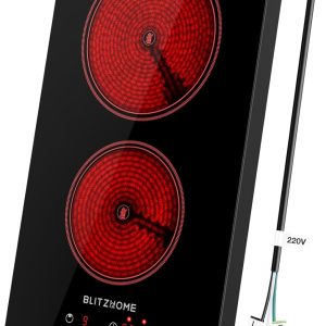 BLITZHOME Electric Stove Top 2 Burner, 12inch Electric Cooktop, Built-in Ceramic Cooktop with 9 Power Levels/Timer/Child Safety Lock/Touch Control/Overheat Protection, 220-240V, Hard Wire, No Plug
