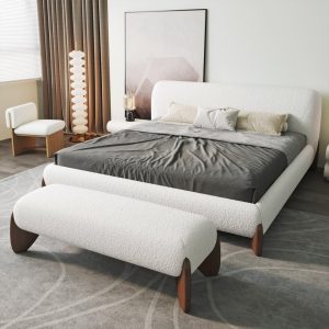 homary Modern Bedroom Furniture Set 2 Piece, White Boucle Queen Size Platform Bed Set & Bedroom Bench with Solid Rubber Wood Legs, Upholstered Headboard for Master Suite or Guest Room