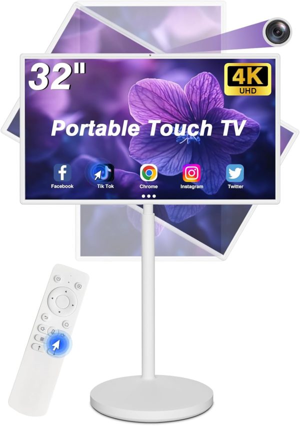 32In Wireless Smart Portable TV on Wheels 4K Smart Touchscreen Monito,Mobile TV Tablet,Android 13,(5-8-Hour) Battery,with 4K Camera,Full Swivel Rotation,(8RAM+128GB) Voice Remote Control(32 inch Pro)