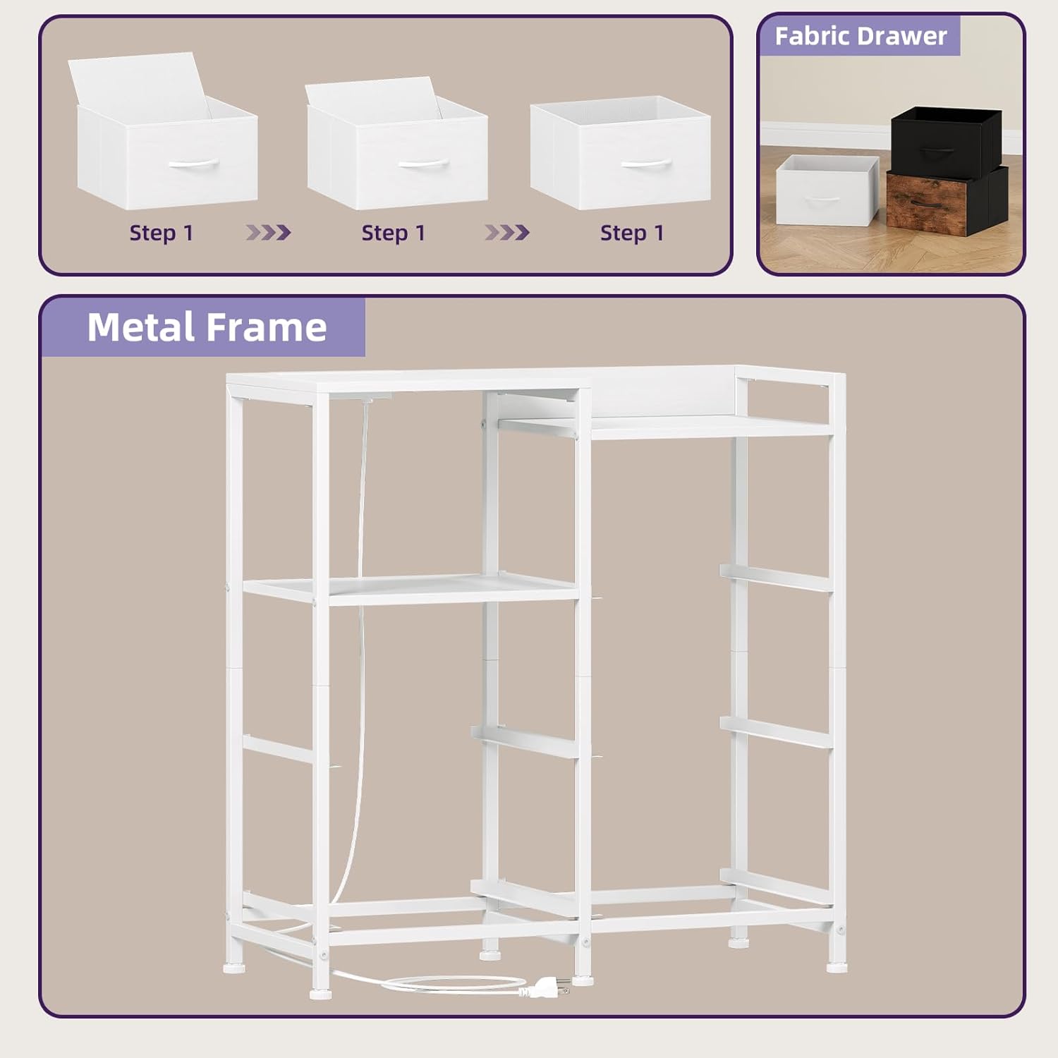 Somdot White Nightstand with Charging Station and LED Light, Wide 5 Drawers Dresser for Bedroom with Fabric Bins and Open Shelf for Bedroom Kids Closet Dorm Guest Room, White Leather - Image 7