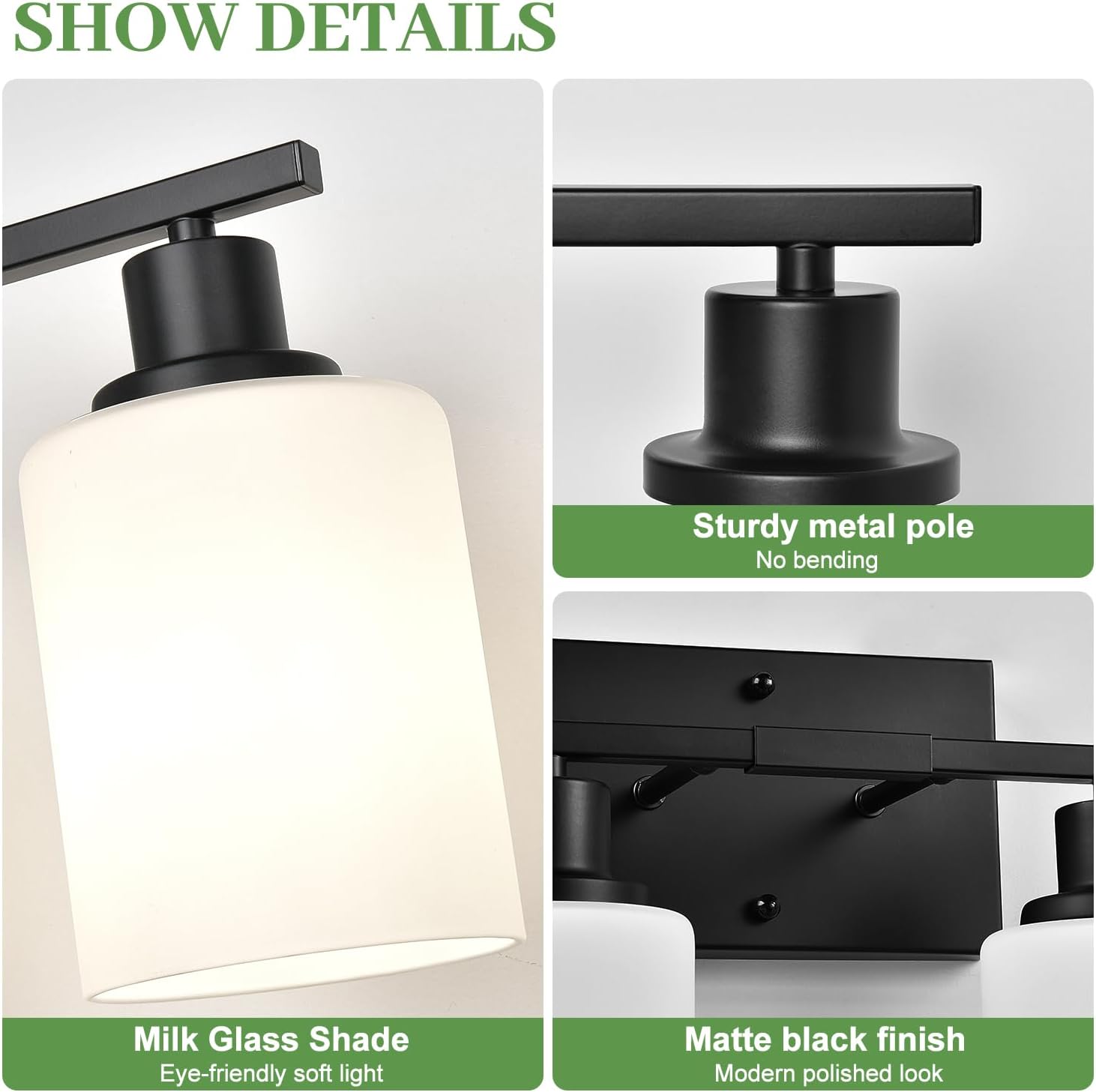 4-Light Bathroom Light Fixtures, Vanity Light with Milky White Shades, Matte Black Bathroom Light Fixtures Over Mirror, Modern Bathroom Wall Lamp for Mirror Living Room Cabinet Bedroom - Image 3