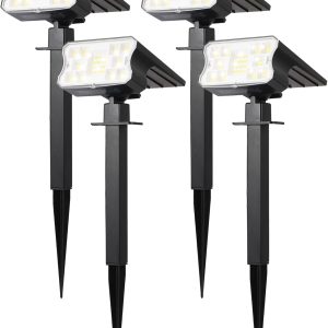 HGGH Solar Lights Outdoor Waterproof IP67, 60 LED 3 Lighting Modes Solar Spot Lights Outdoor for Yard Garden Pathway Landscape, Auto On/Off, Function 2 in 1(Cool White, 4 Pack)
