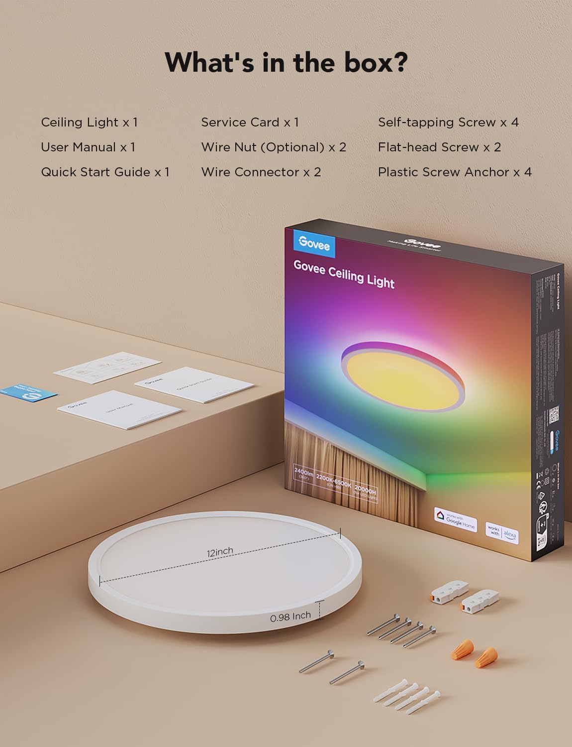 Govee Smart Ceiling Light, RGBIC LED Ceiling Light Fixture, 2400LM Flush Mount Light Fixture, DIY Colors, Works with Alexa, 2200K-6500K Ceiling Lights for Bedroom, Living Room, 12 Inch, 1 Pack - Image 9