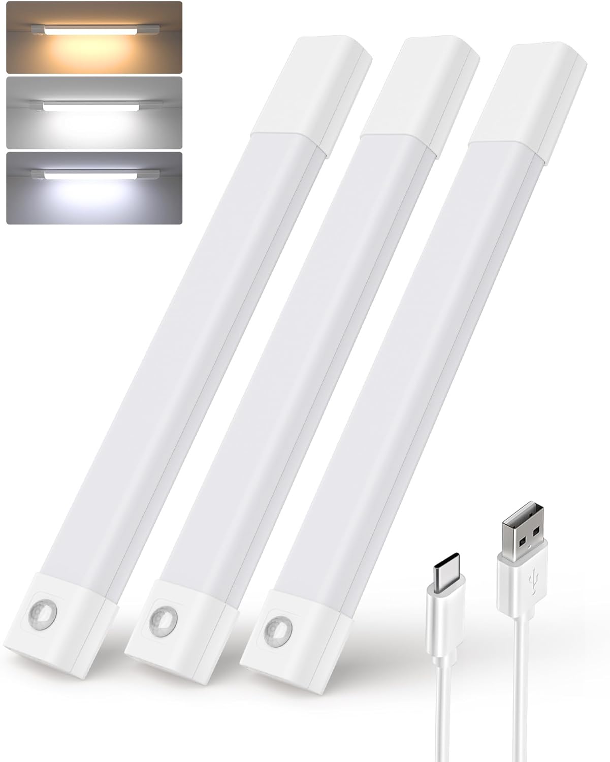 EZVALO Under Cabinet Lighting, Wireless Closet Lights, 50 LED Rechargeable Motion Sensor Light, Dimmable, 3 Color Temperatures, 11.8 inch Counter lights for Kitchen, Pantry, Bedroom, Wardrobe (3 Pack)
