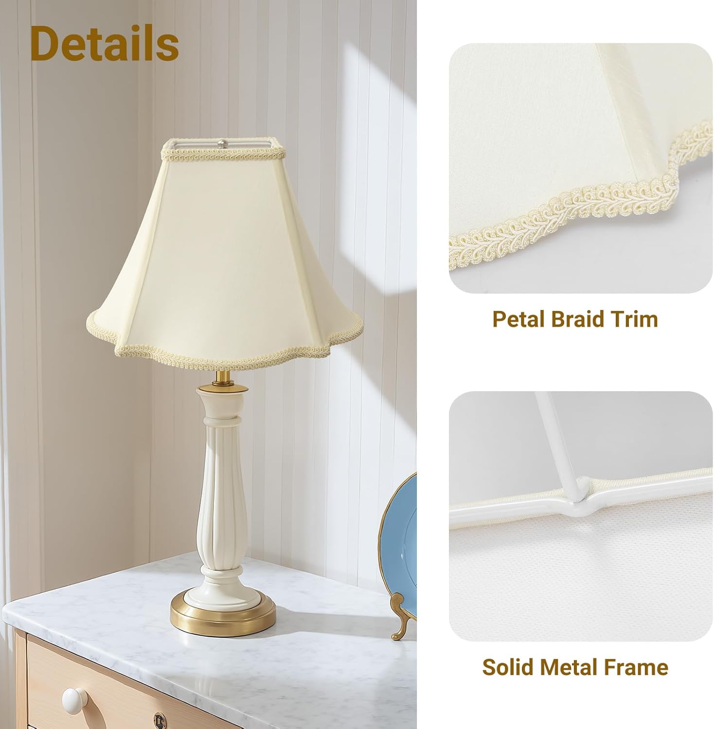 Bell Lamp Shades Set of 2, Cream Fancy Square Lamp Shade with Petal Edge Braid, 5.1" x 12.6" x 9.1" Lampshades for Table Lamps Floor Lamps, Spider, Harp Holders Included, Assembly Required - Image 4