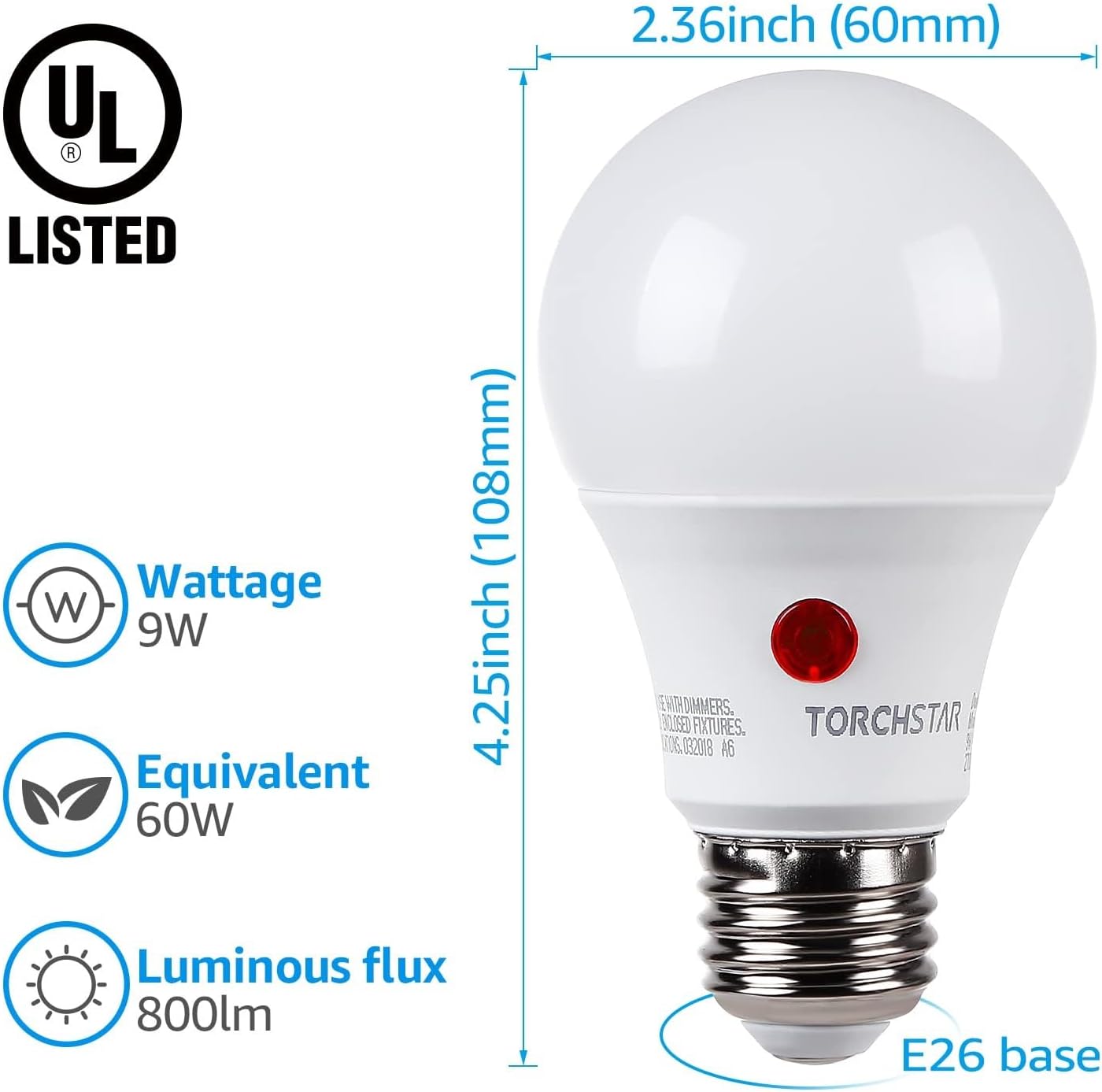 TORCHSTAR Dusk to Dawn Light Bulbs Outdoor, Sensor A19 LED Light Bulb, Auto on/Off Photocell Automatic for Outdoor Lighting, 5000K, Pack of 4 - Image 5