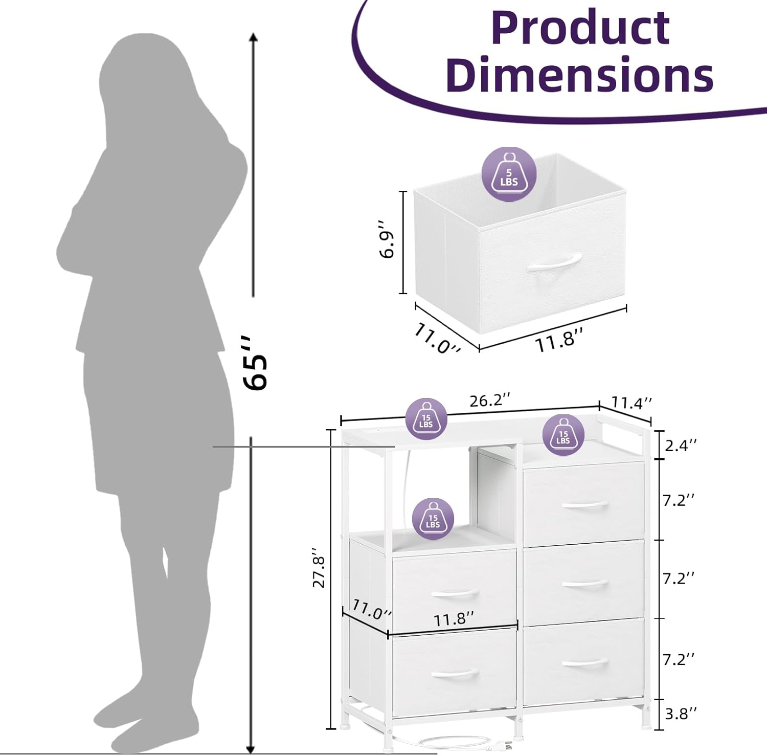 Somdot White Nightstand with Charging Station and LED Light, Wide 5 Drawers Dresser for Bedroom with Fabric Bins and Open Shelf for Bedroom Kids Closet Dorm Guest Room, White Leather - Image 3