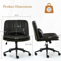 Criss Cross Chair with Wheels, Armless Comfy Thickened Cushion Wide Seat Cross Legged Office Chair with Pillow, Adjustable Swivel Mid Back Computer Task Vanity Home Office Desk Chair (PU, Black) - Image 2