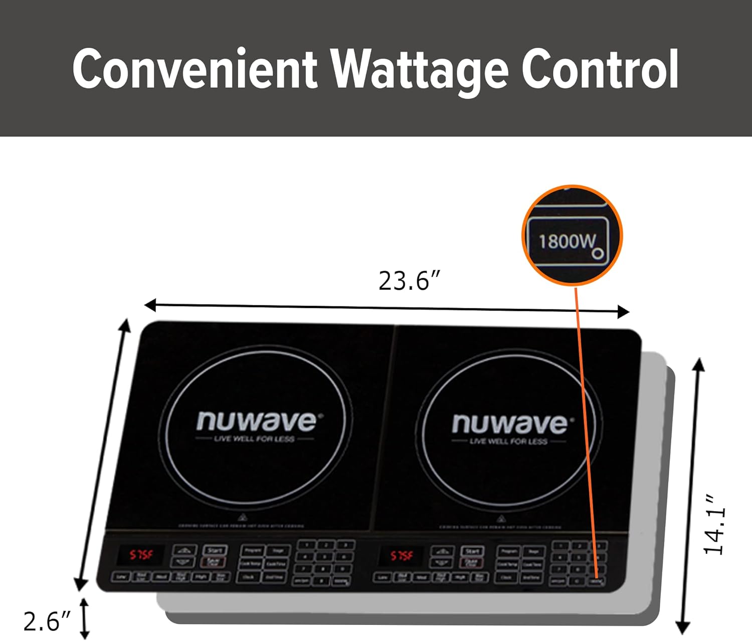 Nuwave Double Induction Cooktop, Powerful 1800W, 2 Large 8” Heating Coils, Independent Controls, 94 Temp Settings from 100°F to 575°F in 5°F Increments, 2 x 11.5” Shatter-Proof Ceramic Glass Surface - Image 3