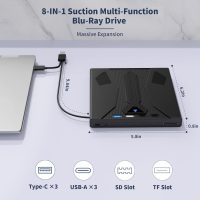 8 in 1 External Blu Ray Drive, Support 100G Disc USB 3.0 and Type-C Blu Ray Burner Portable Blu Ray DVD/CD/BD Player, 3D Optical Bluray Drive Compatible with Windows Macos for MacBook Laptop Desktop - Image 2