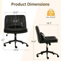 Criss Cross Chair with Wheels, PU Leather Armless Cross Legged Office Desk Chair, Adjustable Swivel Computer Task Vanity Chair with Lumbar Pillow for Home Office, Small Spaces (Black) - Image 2