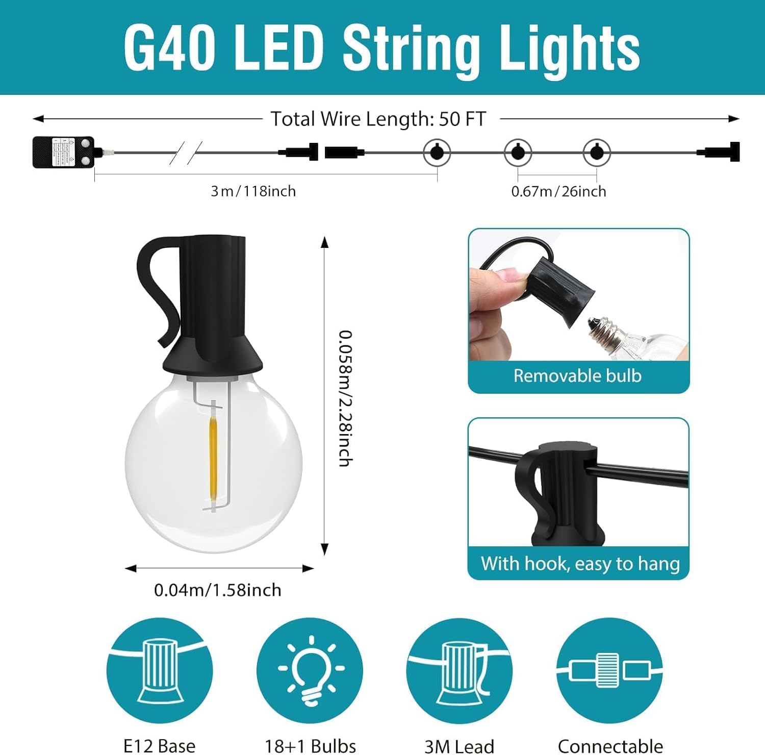 kolpop 50FT Outdoor String Lights with Dimmer Timer, G40 LED Patio Light with Edison Shatterproof Bulbs, Waterproof Connectable Hanging Lights for Outside Backyard Gazebo - Image 7
