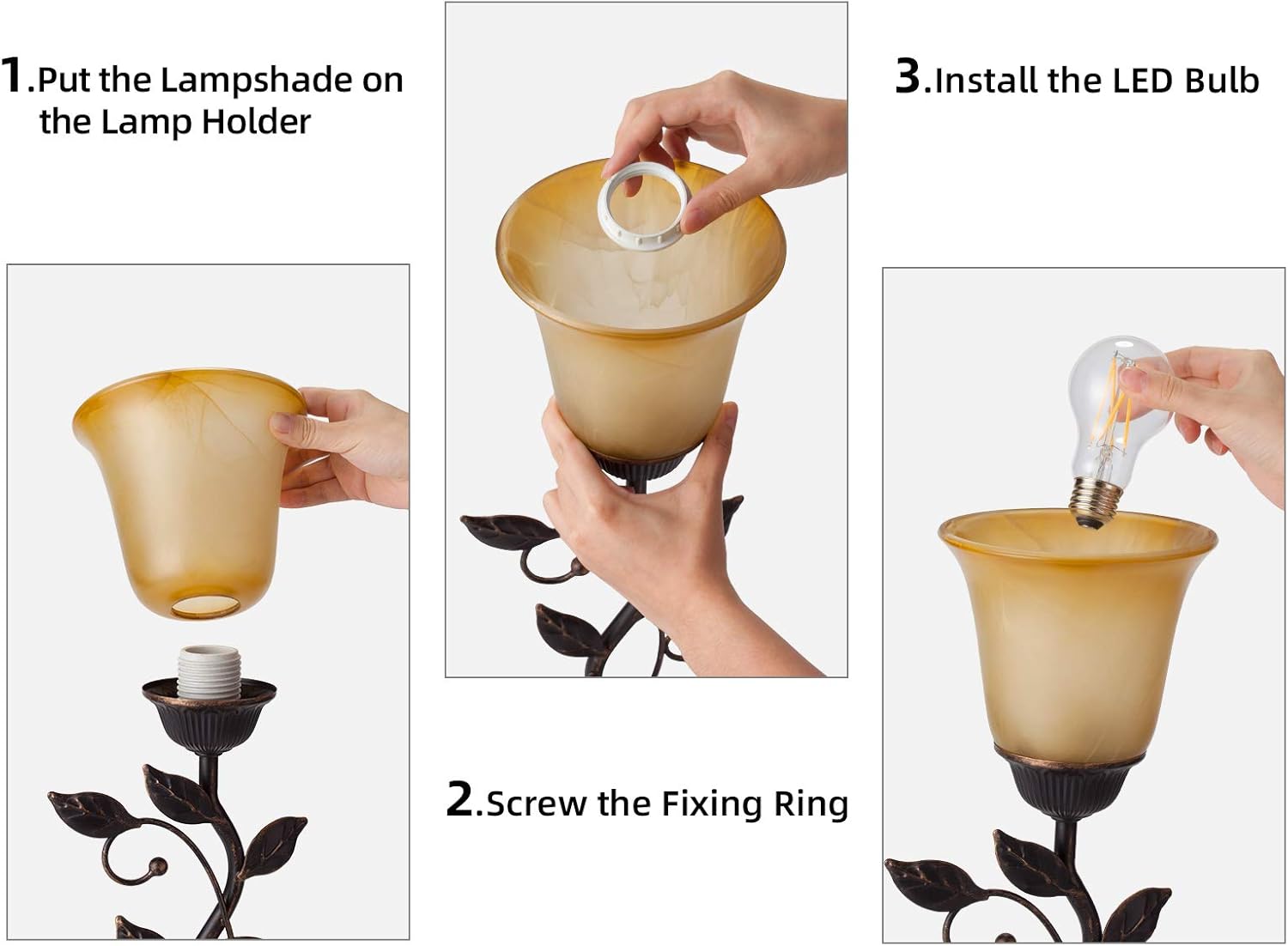 Touch Control Table Lamp with 2 USB Charging Ports, 3-Way Dimmable Bedside Nightstand Lamps, Amber Glass Shade Vintage Rural Leaf Lamp for Living Room, Bedroom, Dresser, LED Bulb Included (Bronze) - Image 5