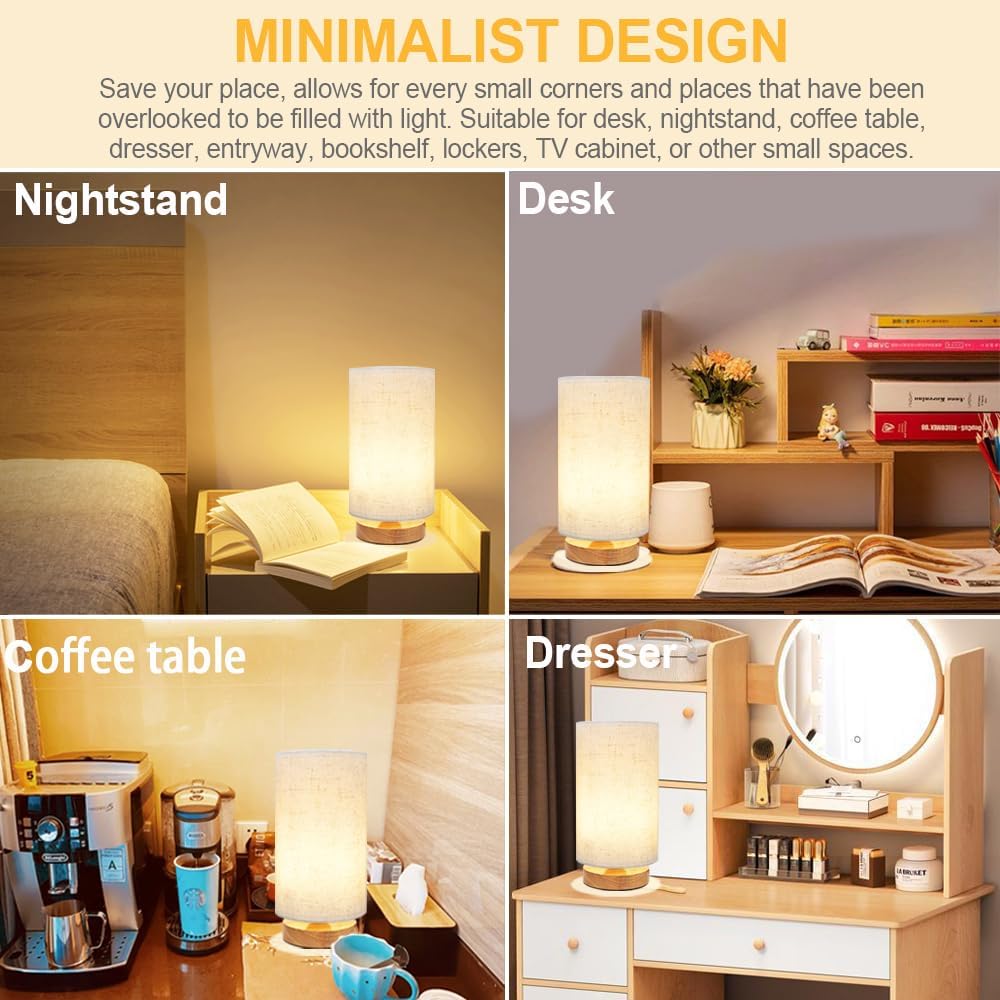 Small Bedside Table Lamp for Bedroom, Minimalist Wood Base & Round Fabric Shade, Mini Cute Cozy Warm White Nightstand Boho Lamp, Study Desk Night Stand Light for Room, Dorm, Nursery, Living Room - Image 7