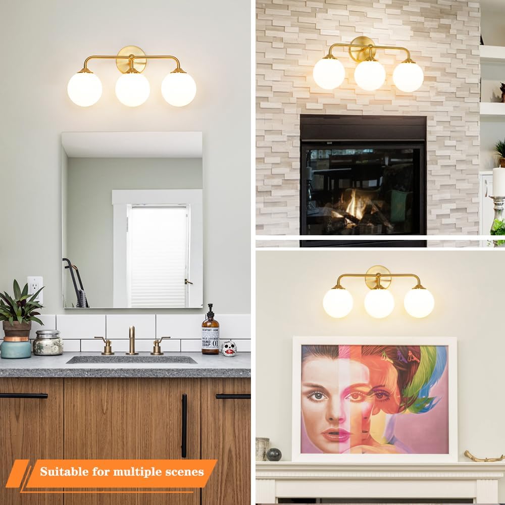 Modern Brushed Gold 3-Lights Vanity Light Fixtures with Milky White Glass Ball Shades, Mid Century Brass Wall Sconce Lighting Fixtures over Mirror, Wall Sconces for Bathroom Dressing Table Bedroom - Image 3