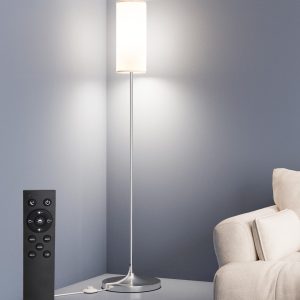 luckystyle LED Floor Lamp for Living Room, Dimmable Standing Lamps with Foot Switch,Remote Custom Color Temperature Silver Pole Lamp with Lampshade,12W Led Bulb Tall Lamps for Bedroom Office Kid Room