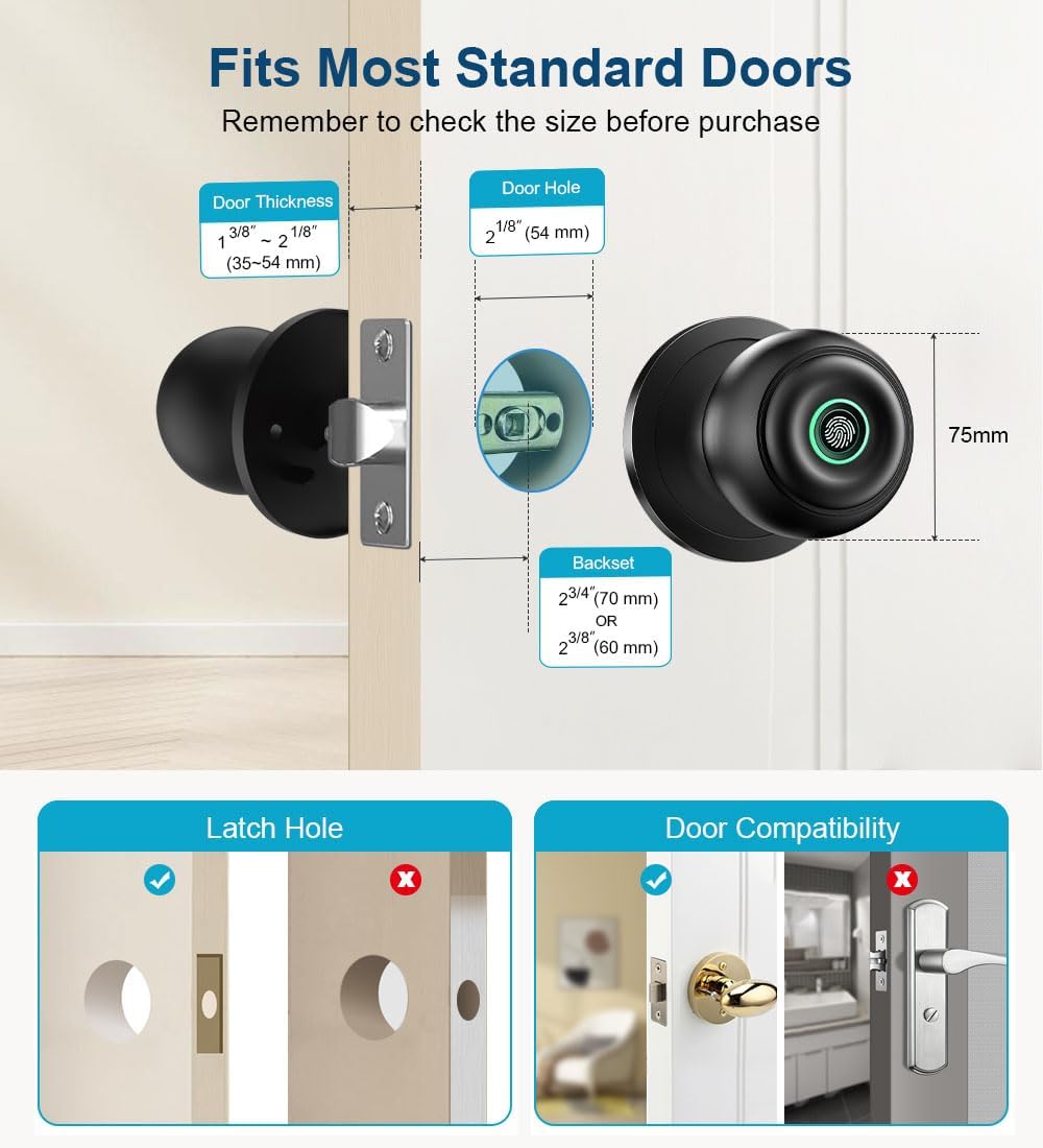 Fingerprint Door Lock, Smart Fingerprint Door Knob with Lock, Biometric Door knob with App Control & Key, Keyless Thumbprint Entry Door Lock for Bedroom, Front Door, Home, Apartment Office-Matte Black - Image 5