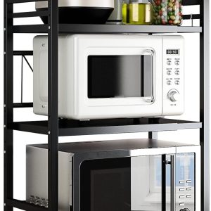 DOLALIKE Microwave Oven Rack, Expandable Microwave Stand Countertop Kitchen Utensils Tableware Storage, Carbon Steel Over Microwave Shelf Countertop with 3 Hooks