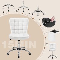 Yaheetech Armless Desk Chair Modern Tufted Office Chair Faux Leather Upholstered Computer Chair with Adjustable Seat Height and Rolling Wheels for Home/Office, White - Image 6