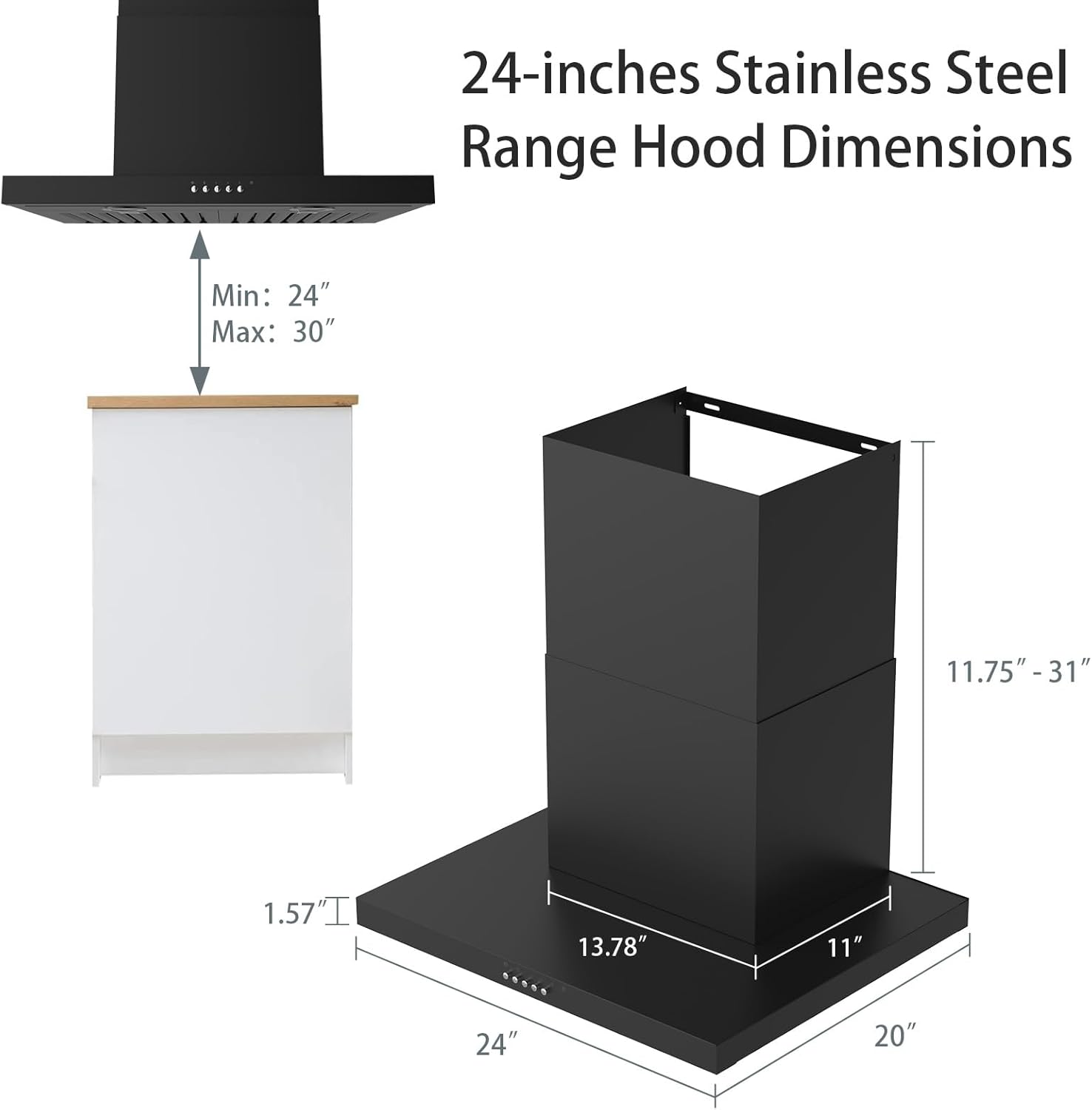 ONEEON 24" Range Hood - 650 CFM Wall Mount Kitchen Exhaust with 3 Speed Fan, LED Lights, Push Button, Ultra-thin Body, Chimney Style Stove Vent Hood & Ducted Exhaust Vent, Black - Image 4