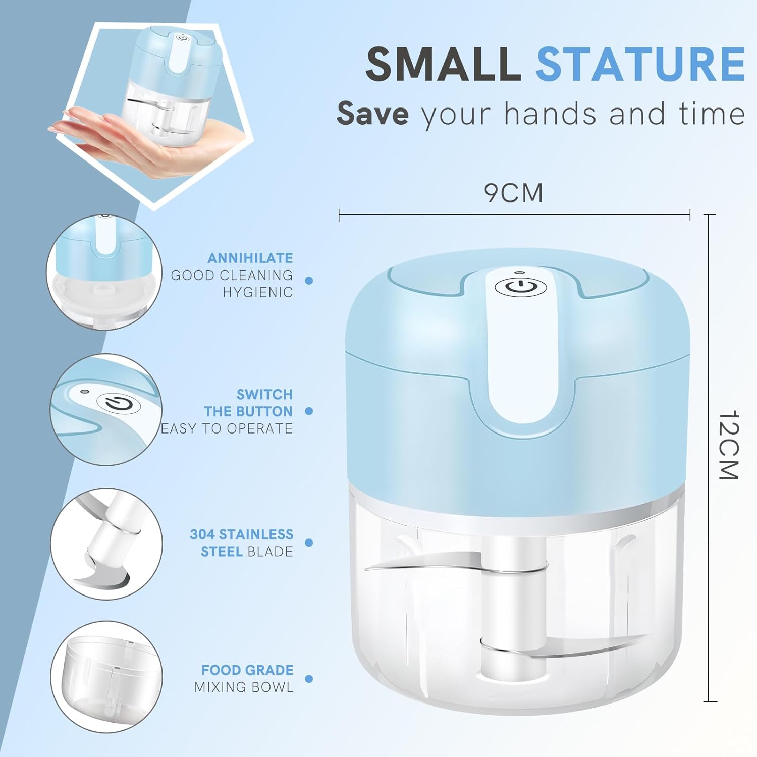 EASYSPEED Electric Garlic Chopper 1Cup, Mini USB Charging Wireless Food Processor with 304 Stainless Steel, 2 Sharp Blades, Portable Kitchen Meat Grinder for Onion, Garlic, Ginger, Baby Food - Image 2