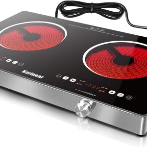Karinear 2 Burner Electric Cooktop 110V, Portable Electric Stove with Handle, Knob Control Electri Hot Plate, Ceramic Countertop Burner, Timer, Safety Lock, 9 Power Level, 2000W, 24 inch(White)