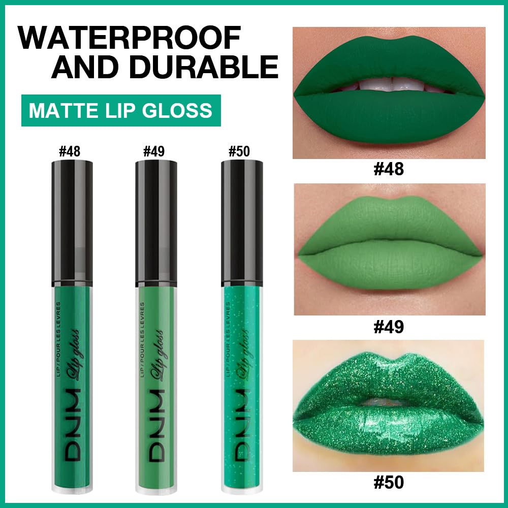 evpct 3Pcs Dark Pale Teal Forest Emerald Green Matte Glitter Shimmer Shiny Liquid Lipstick Lip Stain Sets for Women Matte+Lipstick Long Lasting Waterproof 24 hr Magic Lipstick 24 Hours original - Image 2