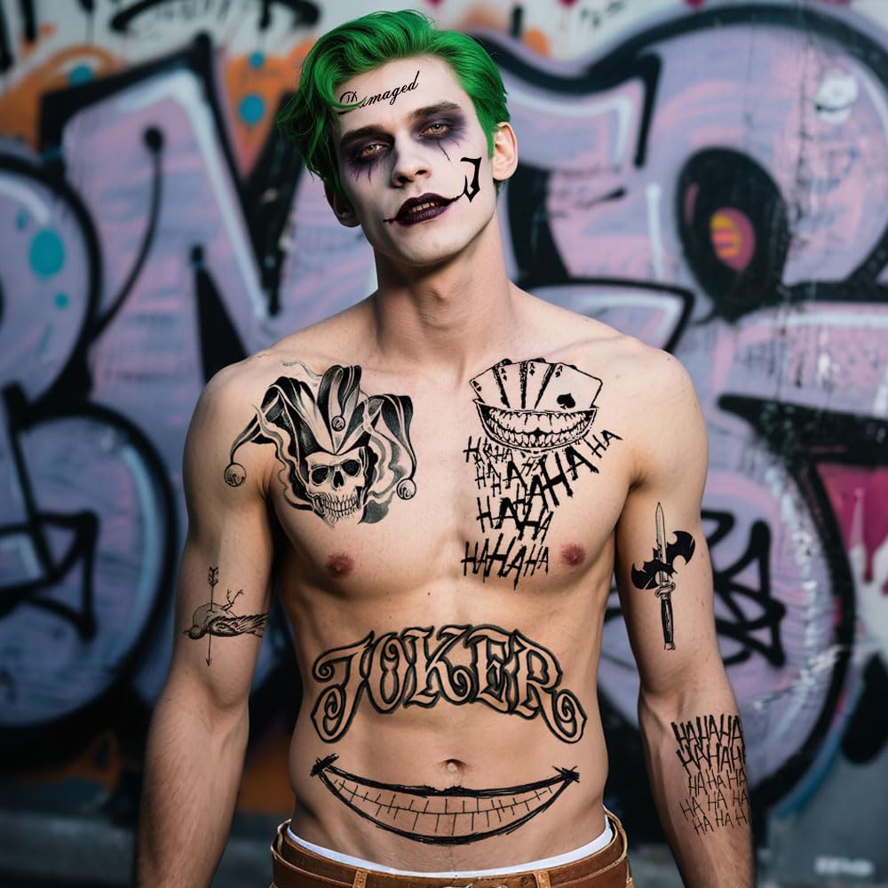 3 Sheets Joker Tattoos, Large-Size Halloween Temp Tattoo for Men, Realistic Waterproof Last-Long Fake Stickers for Suicide Squad Clown HQ Costume Cosplay Party Accessories Masquerade Makeup - Image 3