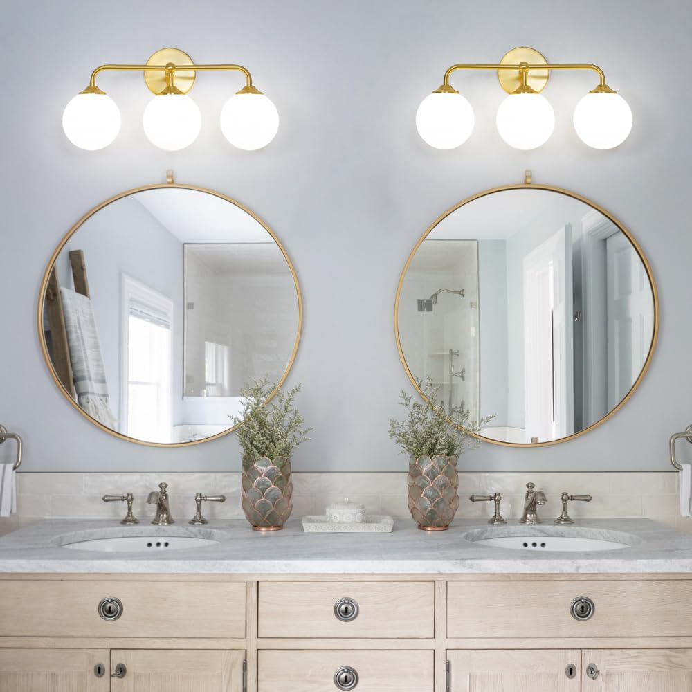 Modern Brushed Gold 3-Lights Vanity Light Fixtures with Milky White Glass Ball Shades, Mid Century Brass Wall Sconce Lighting Fixtures over Mirror, Wall Sconces for Bathroom Dressing Table Bedroom - Image 5