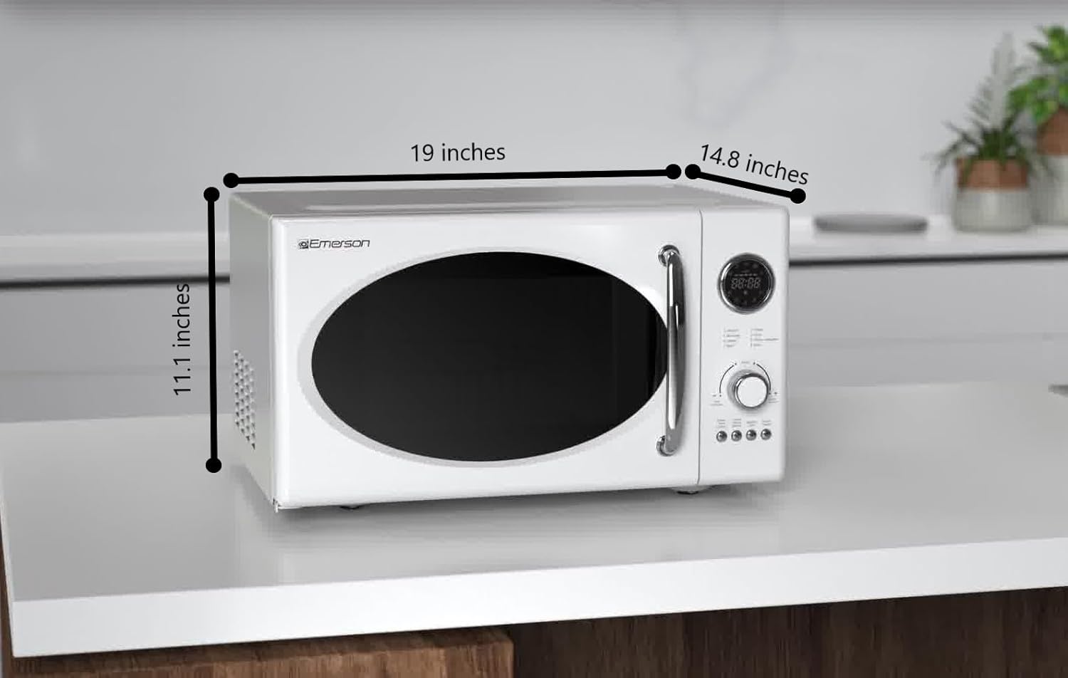 Emerson MWRG0901W 0.9 Cu. Ft. Retro Microwave with 1,000W Grill Function, 800W Cooking Power, LED Display, 5 Power Levels, 8 Auto Menus, Glass Turntable, Child Lock, White Countertop Design - Image 7