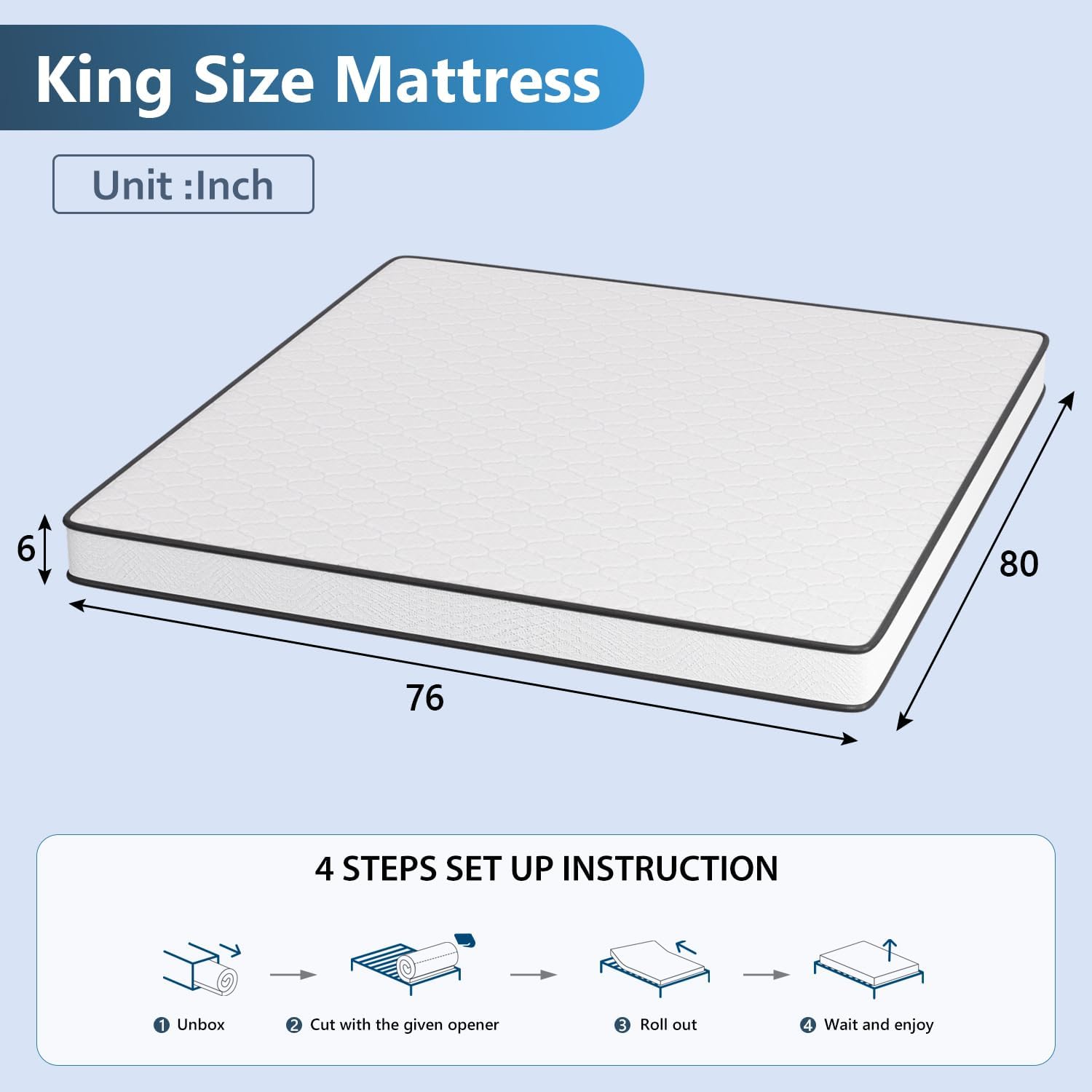 FDW 6 Inch King Mattress,Hybrid Mattress Memory Foam & Innerspring, Premium Foam Mattress,Pressure Relief,CertiPUR-US Certified,Medium Firm,White - Image 2