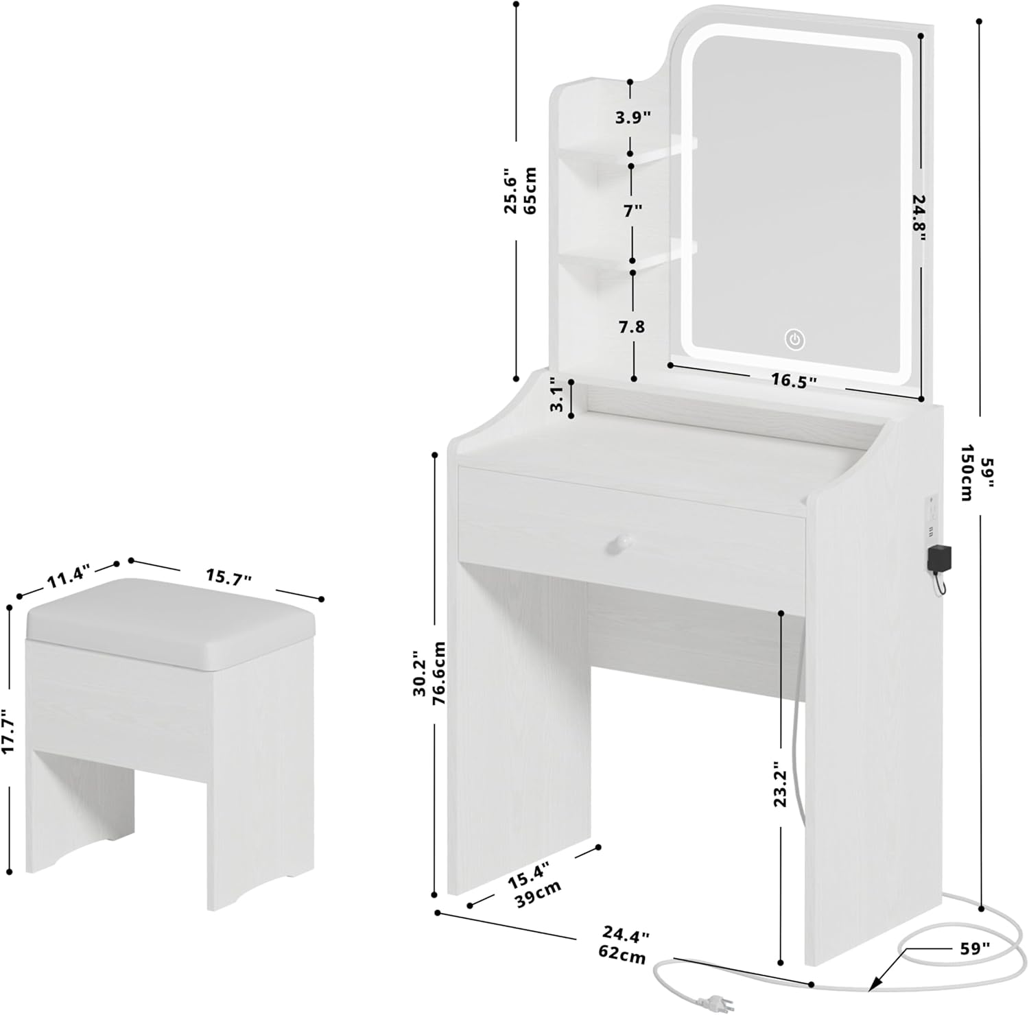LIKIMIO Small Makeup Vanity Desk with Mirror and Lights, Vanity Table Set with Storage Drawer, Chair and Three Shelves, Bedroom, White - Image 2