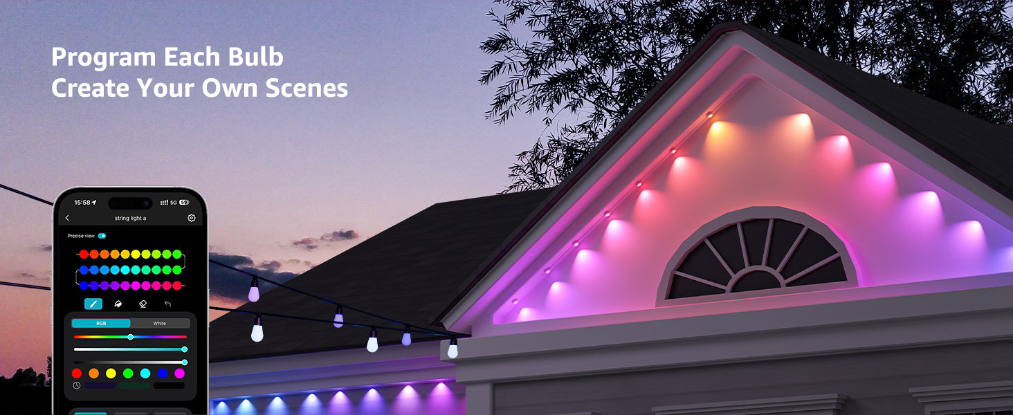 Outdoor string lights illuminating house eaves at dusk. Smartphone screen shows app interface for controlling light colors and scenes.