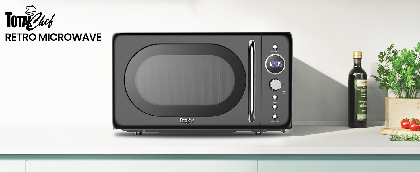 Black retro-style microwave oven with rounded door and chrome handle. Features several control buttons and a digital display. Positioned on a white surface with kitchen items nearby.